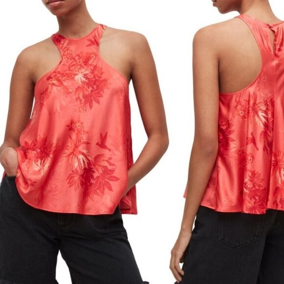 NWOT AllSaints Verna Nila Coral Floral Silky Halter Sleeveless Blouse Size 4 - Picture 6 of 6